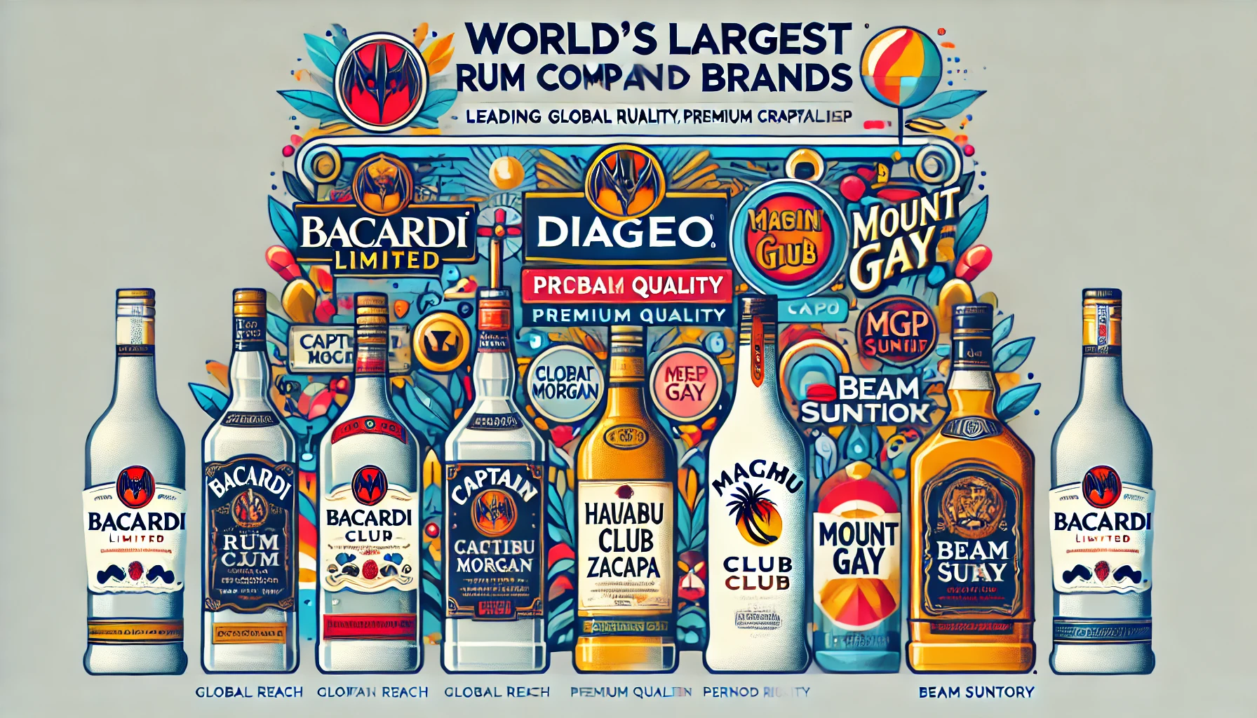 Explore the world's largest rum companies and brands, including Bacardi, Diageo, Pernod Ricard, MGP Ingredients, and Beam Suntory. Discover their market impact, key brands, and global presence in this comprehensive report.